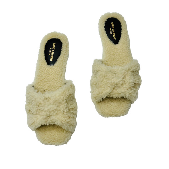 NIB Saint Laurent YSL Tribute EU 37 US 7 Slip On Flat Sandals Beige Shearling - Picture 1 of 9